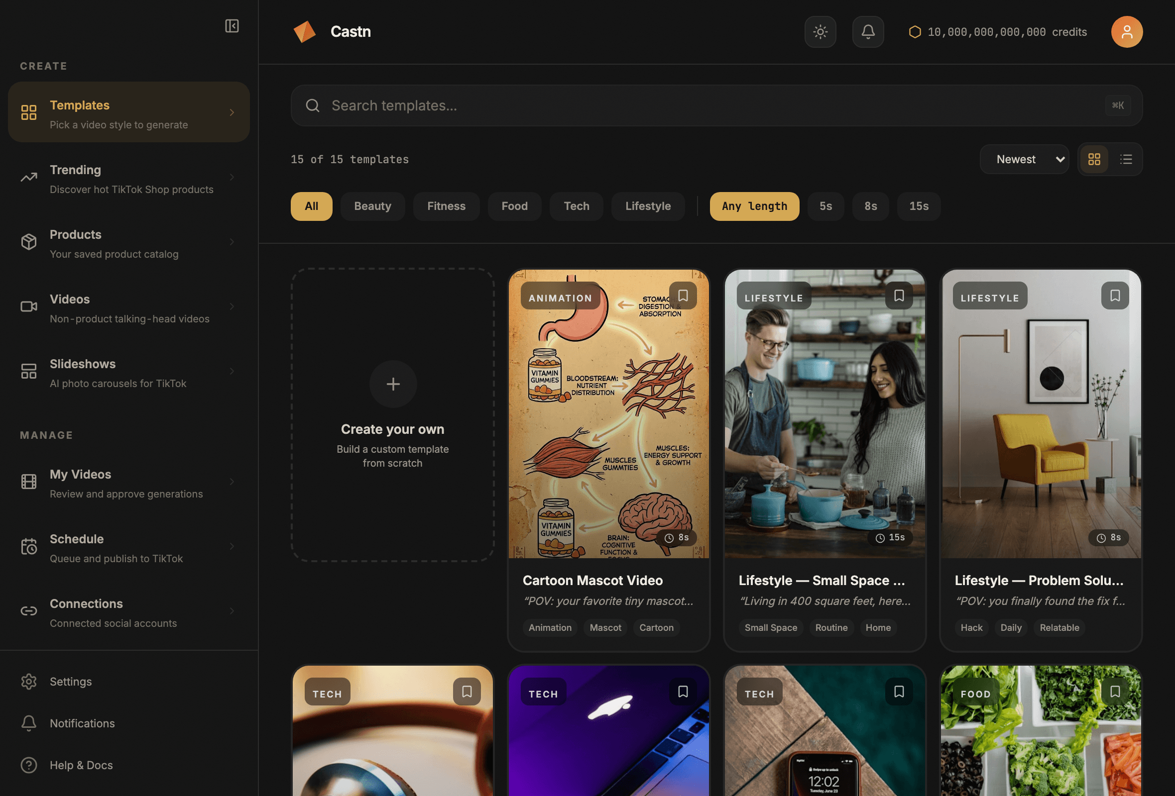Castn template gallery: video styles filtered by category and length