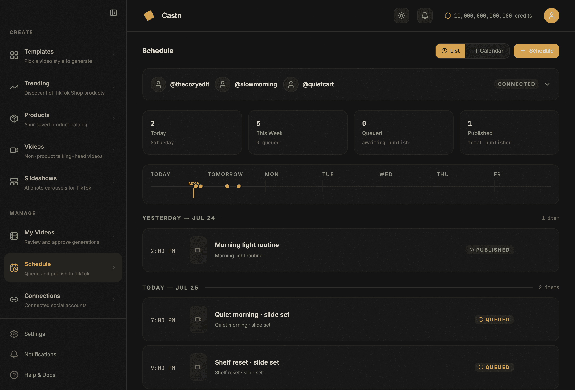Castn schedule: connected TikTok accounts and posts queued across the week